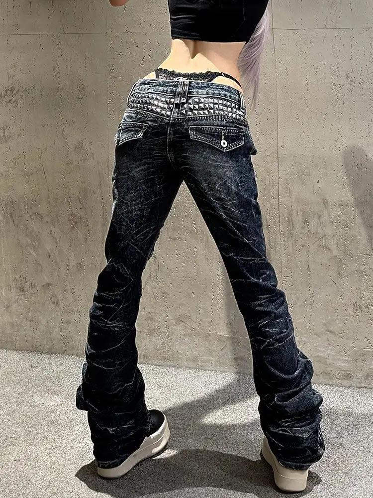 American Vintage Full Length Skinny Jeans Distressed Women Streetwear Y2k Retro Low-Rise Curved Denim Pants Rivet Patchwork