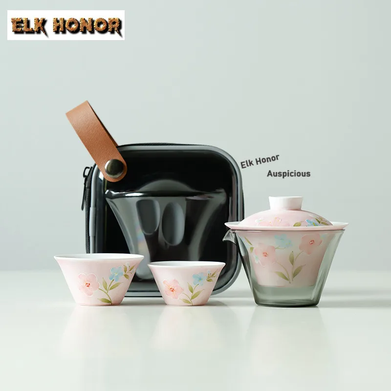 

Pure Hand-painted Five-petal Flower Travel Tea Set Kit Ancient 1 Pot 2 Cups Tea Maker Organizer Portable Camping Tote Bag Gift