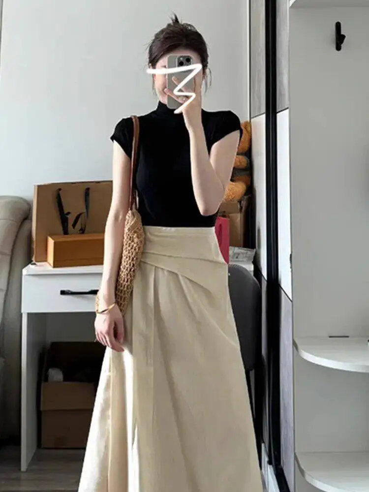 Summer High Waist A-Line  Skirt Elegant Versatile Long Dress Slimming High-End Feeling Women's Fashion New Style Half-len...