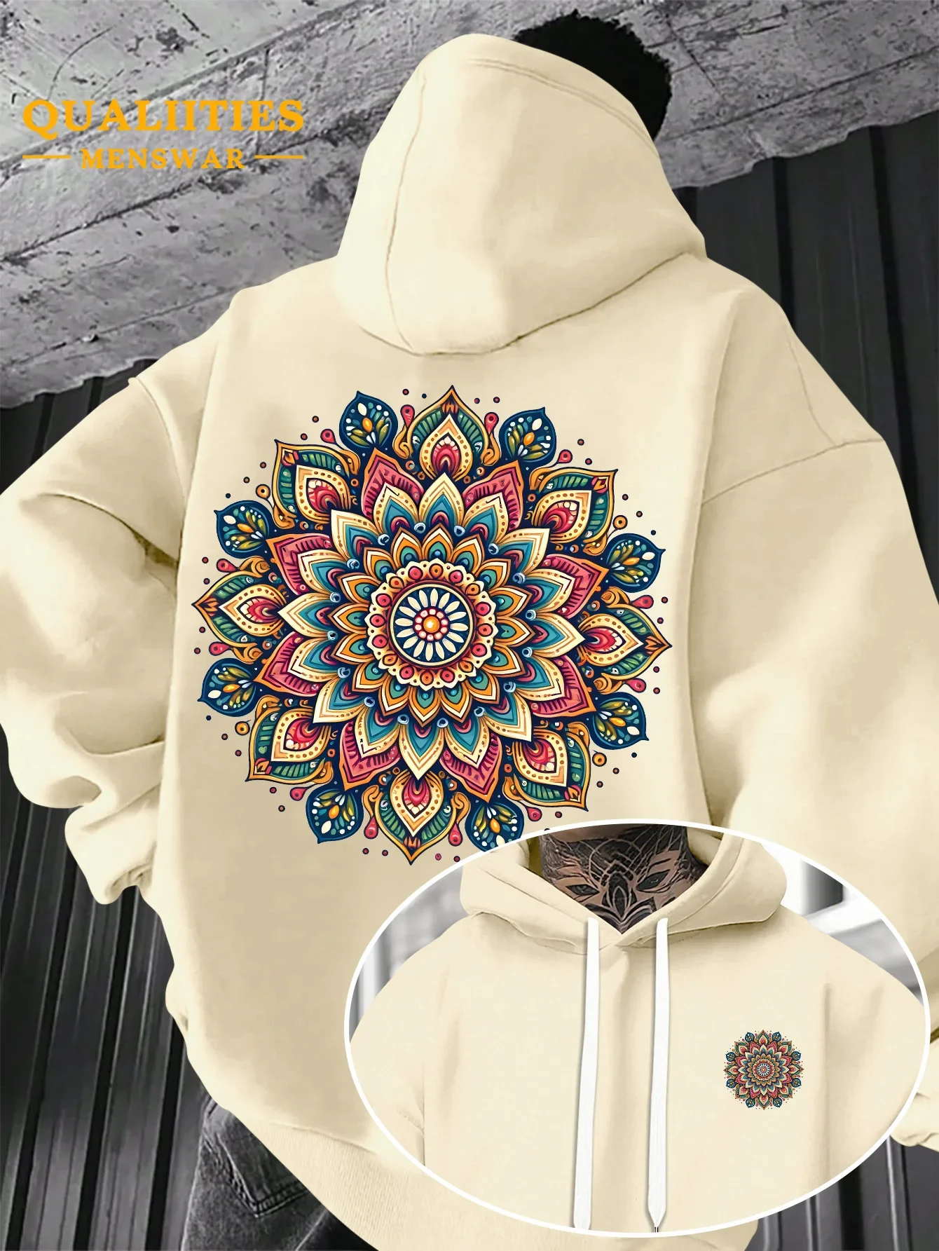 Men's Double‑Sided Colorful Mandala Floral Graphic Black Hoodie Bohemian Ornament Print Long‑Sleeve Pullover Sweatshirt