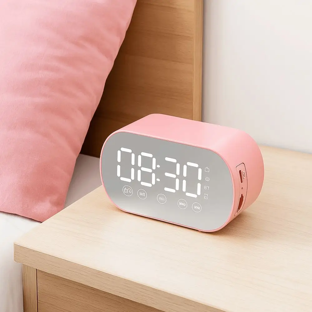 FM Radio Rechargeable LED Digital Alarm Clock Portable Wireless Bluetooth Bluetooth Speaker HD Mirror Display Sleep Timer Desk