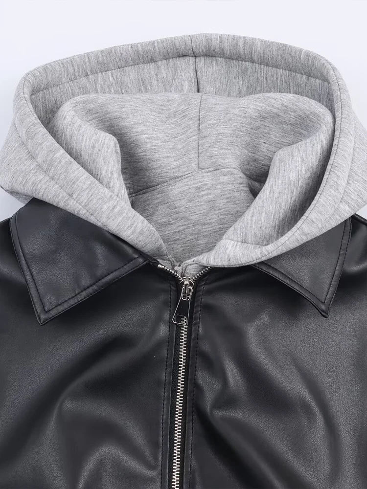 ヨーロッパ風の新しいレディースファッション、多用途、エレガント、スリム、フェイクツーピーススプライス ​ ​ フード付きの革製ジャケット。