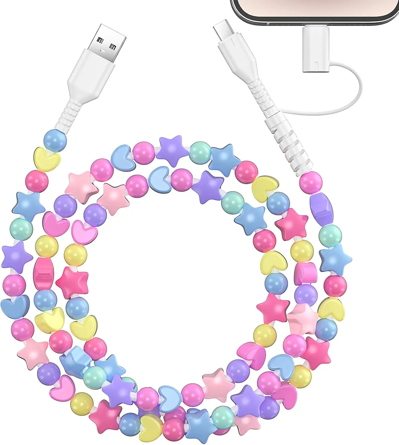 Bead charging cord,Charging Cable USB A to USB C to Phone Fast Charging Cable Star Beads