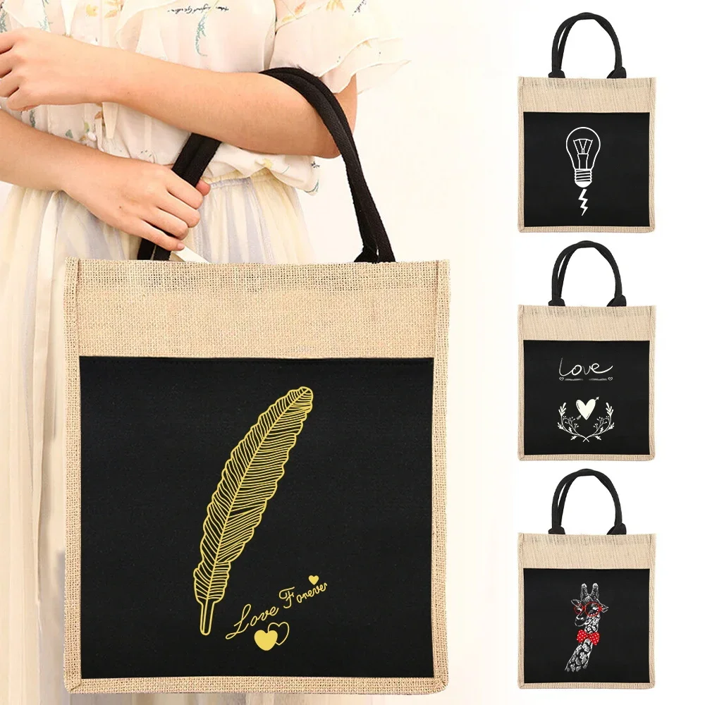 

Tote Bags Reusable Linen Shopping Bag Women's Tote Grocery Shopping Bag White Picture Series Convenient Picnic Bag Supermarket