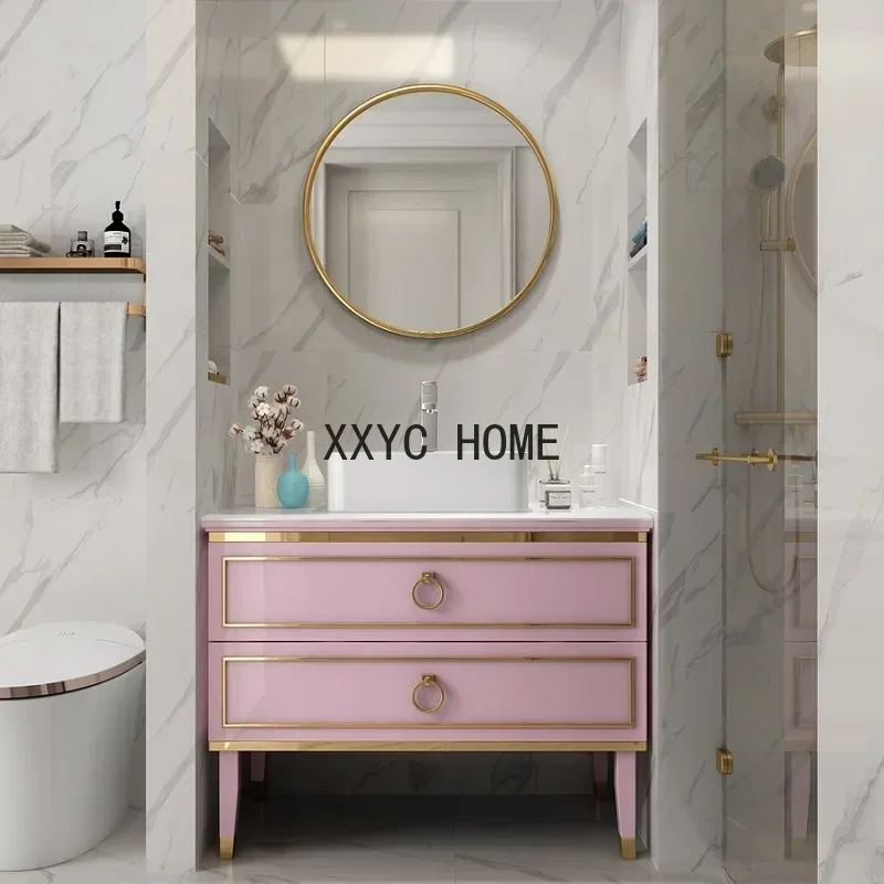 

Дубовый шкаф для ванной комнаты, комбинированный напольный умывальник, скандинавский настольный умывальник, умный зеркальный шкаф, мраморный розовый