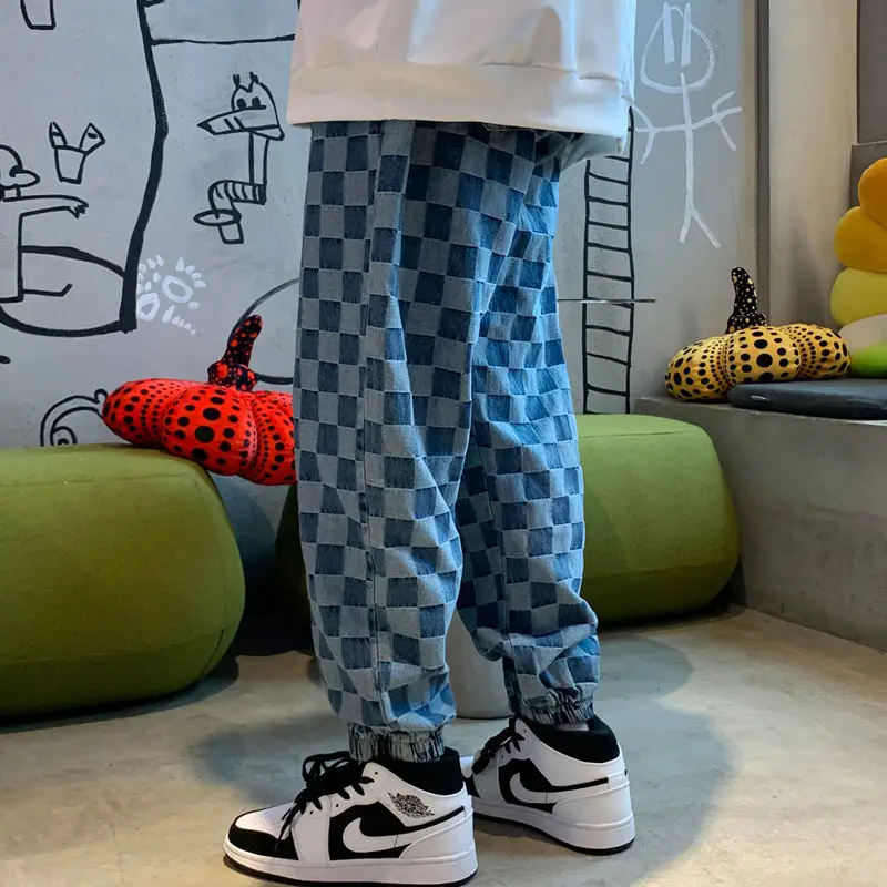 Autumn and Winter Checkerboard Jeans Men's Casual Loose Sports Leggings Hong Kong Style American Hip-hop Retro Trousers