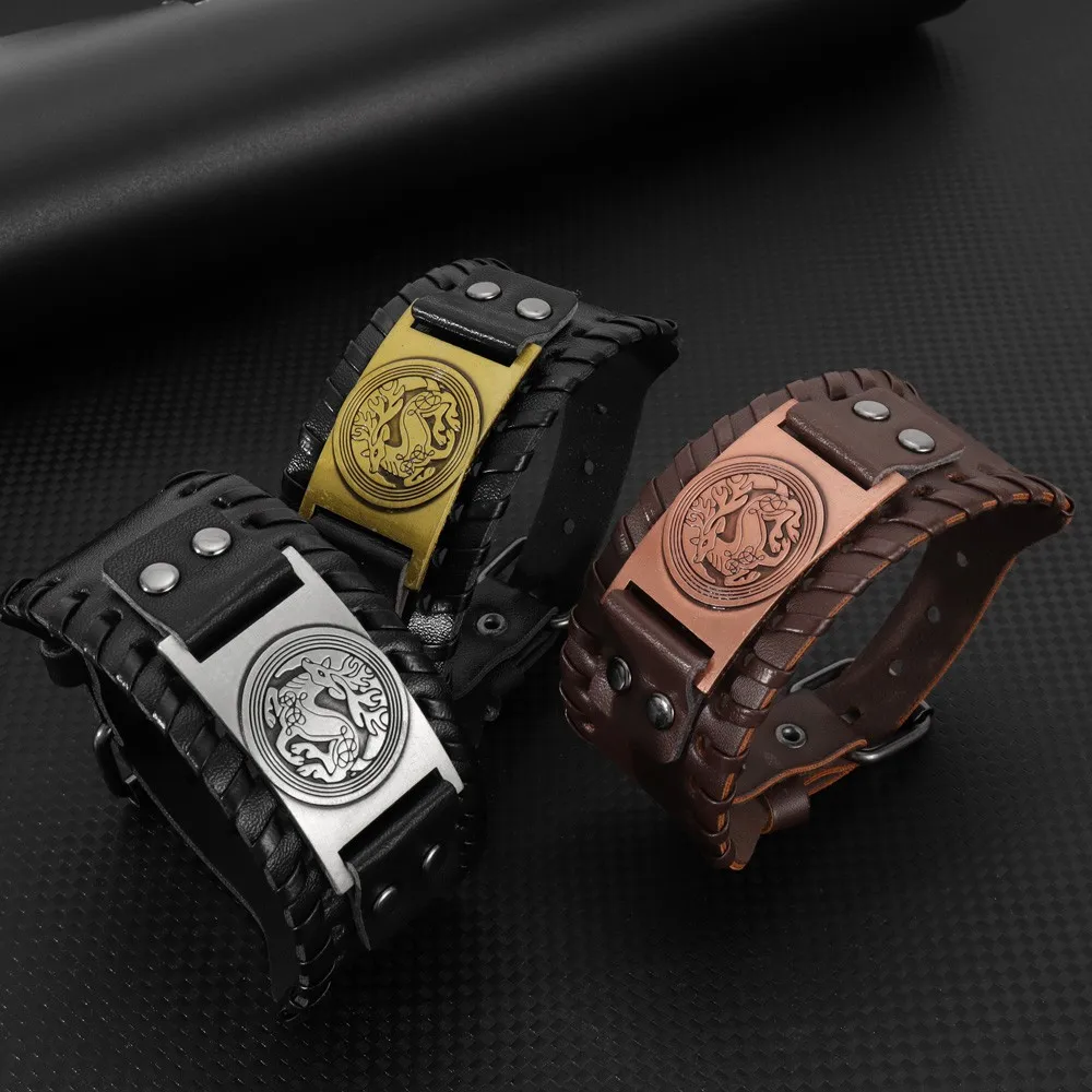 Braccialetto intrecciato da uomo in pelle larga semplice con elementi animali circolari geometrici accessori personalizzati Cool creativi retrò