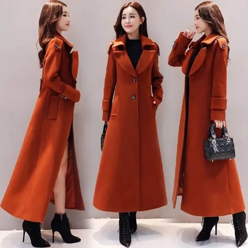 Winter Womens Elegant Long Woolen Coats Warm Slim Thicken Trench Overcoat Office Lady Fashion Plus Size 70kg Classic Jackets New