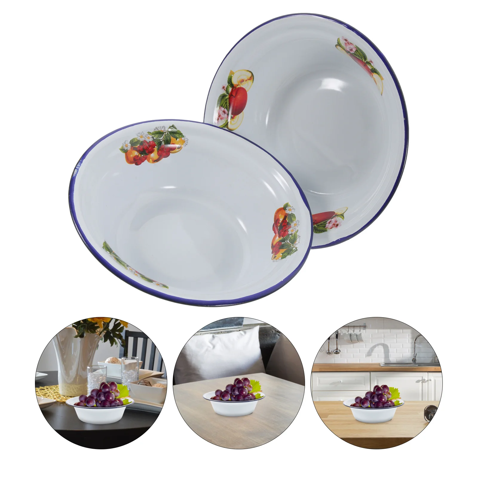 

2Pcs Thickened Enamel Soup Basin Retro Old-Fashioned Kitchen Mixing Dough Vegetable Fruit Washing Large Capacity Anti-Rust