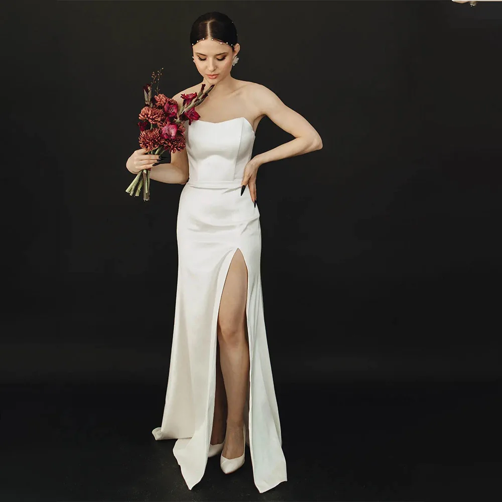 

Simple Cheap Soft Satin Sheath Wedding Dresses Side Slit Custom Made 2025 Vestido De Novial