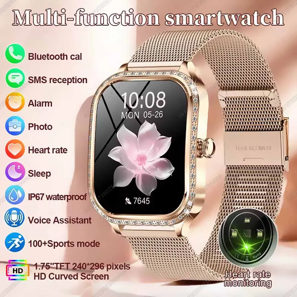 

Новые модные женские умные часы с пульсометром 1,75 дюйма 240*296 HD экран с бриллиантами часы Bluetooth вызов водонепроницаемые умные часы женские