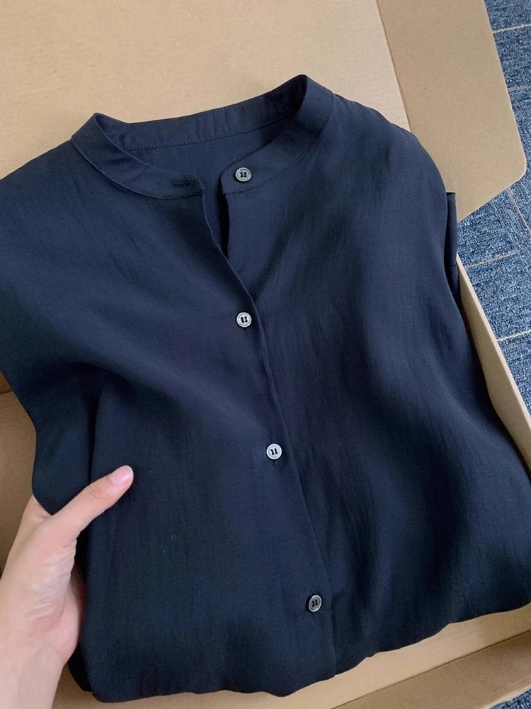 

Свободная женская рубашка с длинным рукавом, воротником-стойкой и пуговицами, в корейском стиле, повседневная, дышащая, верхняя одежда для осени, маленький размер