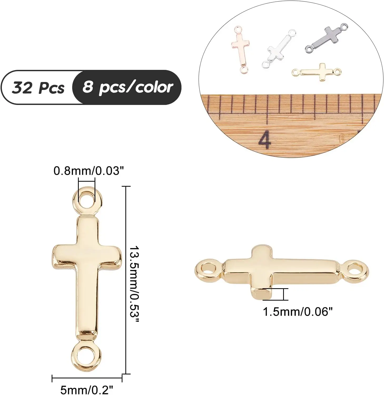 32Pcs 4Colors Cross Links Connectors Brass Sideways Cross Connector Charms Metal Crucifix Pendant Links for DIY Jewelry Making