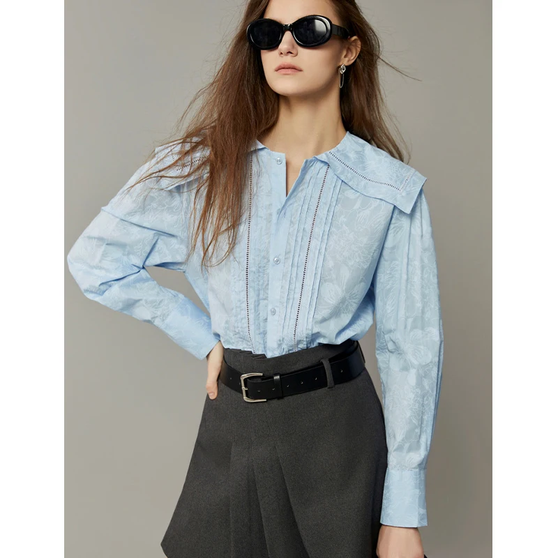 Długi rękaw, bawełniana bluzka wyszczuplająca z granatowym kołnierzykiem, plisowana, zapinana na jeden guzik, koreańska elegancka bluzka jedwabna do pracy dla kobiet.