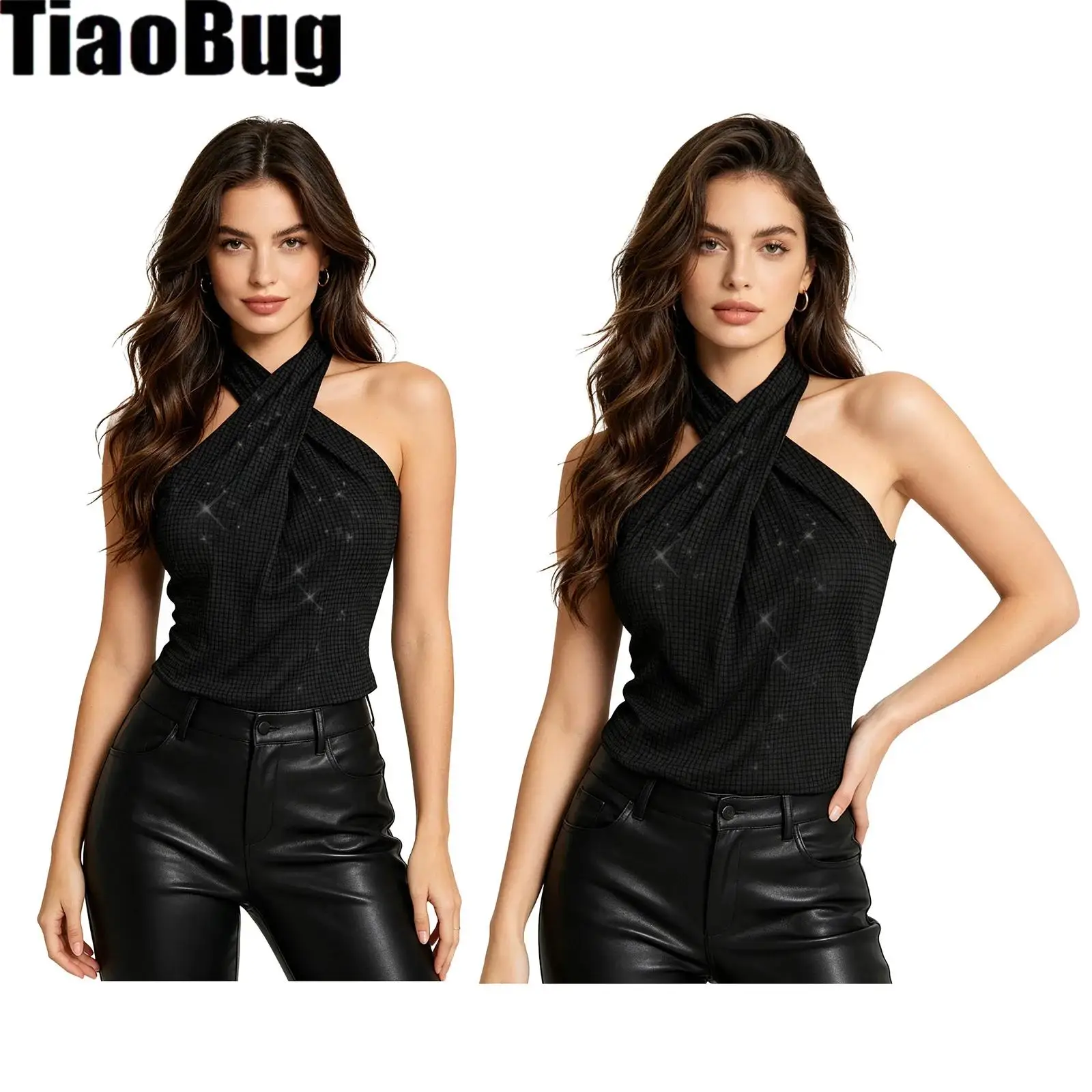 

Women Shiny Sequins Halter Tank Top Front Crossing Sleeveless Stretchy Vest Fashion T-shirt for Dancing Party Nightclub