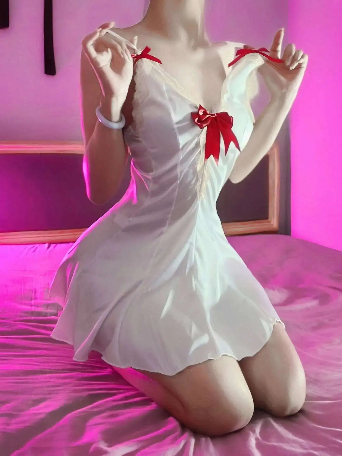 Erotic Pure Desire Satin Lace Bow Sexy Dress Elegant Backless Deep V Suspenders Sleeveless Dress Charming Elegant Beautiful IECP