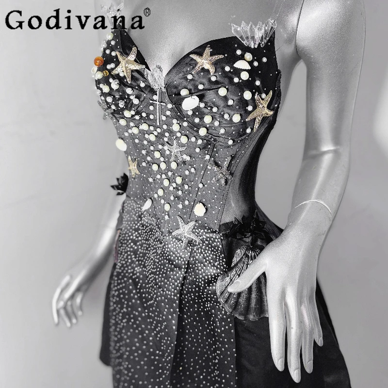 Mini abito originale con diamanti gotici neri puri Abito corto da festa fatto a mano da donna Abito da banchetto estivo senza maniche femminile