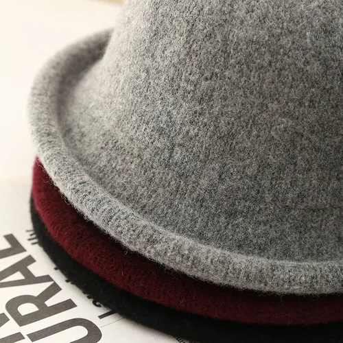 Imagen 2 del producto Sombrero de mujer, sombrero Fedora de punto de lana de invierno, sombrero pequeño informal para mujer, sombrero de copa británico de Color sólido, sitio web oficial de ala enrollada