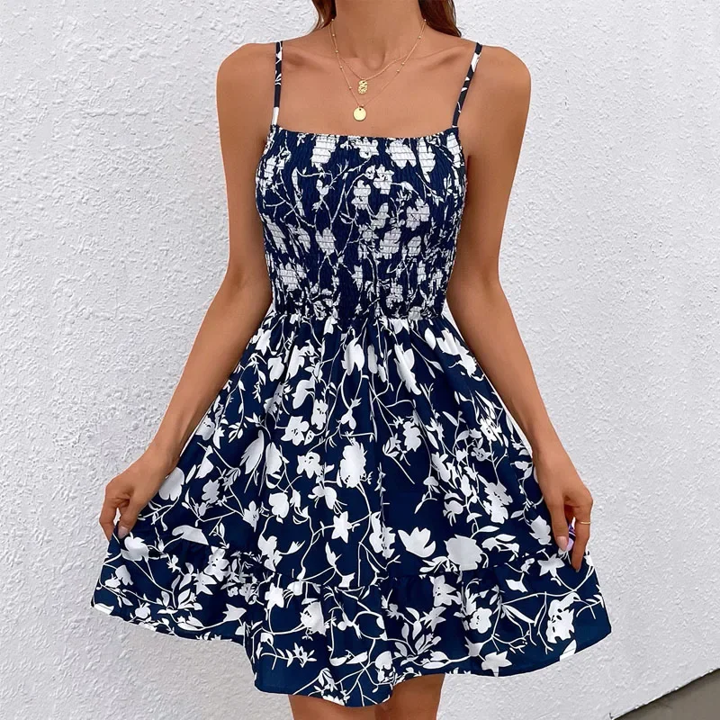 

2024 Summer Women New Printing Lower Back Sexy Breast Wrap Sling Contrasting Colors Off Shoulder Office Lady Comfortable Dress