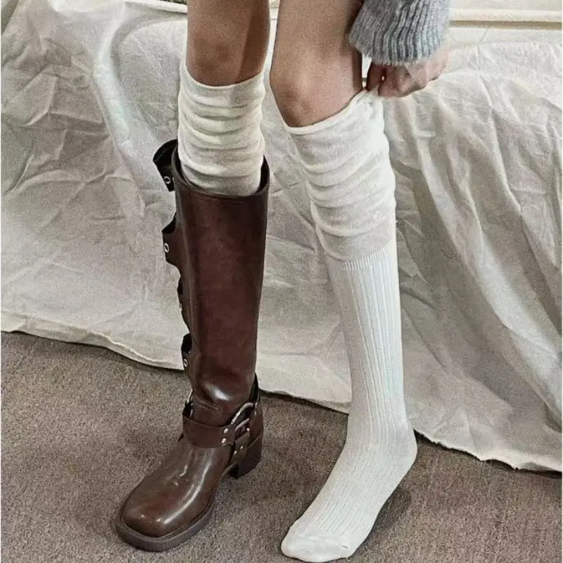 4 Pairs Maillard colored knee over pile socks, spring and autumn women's long tube spliced socks, calf socks