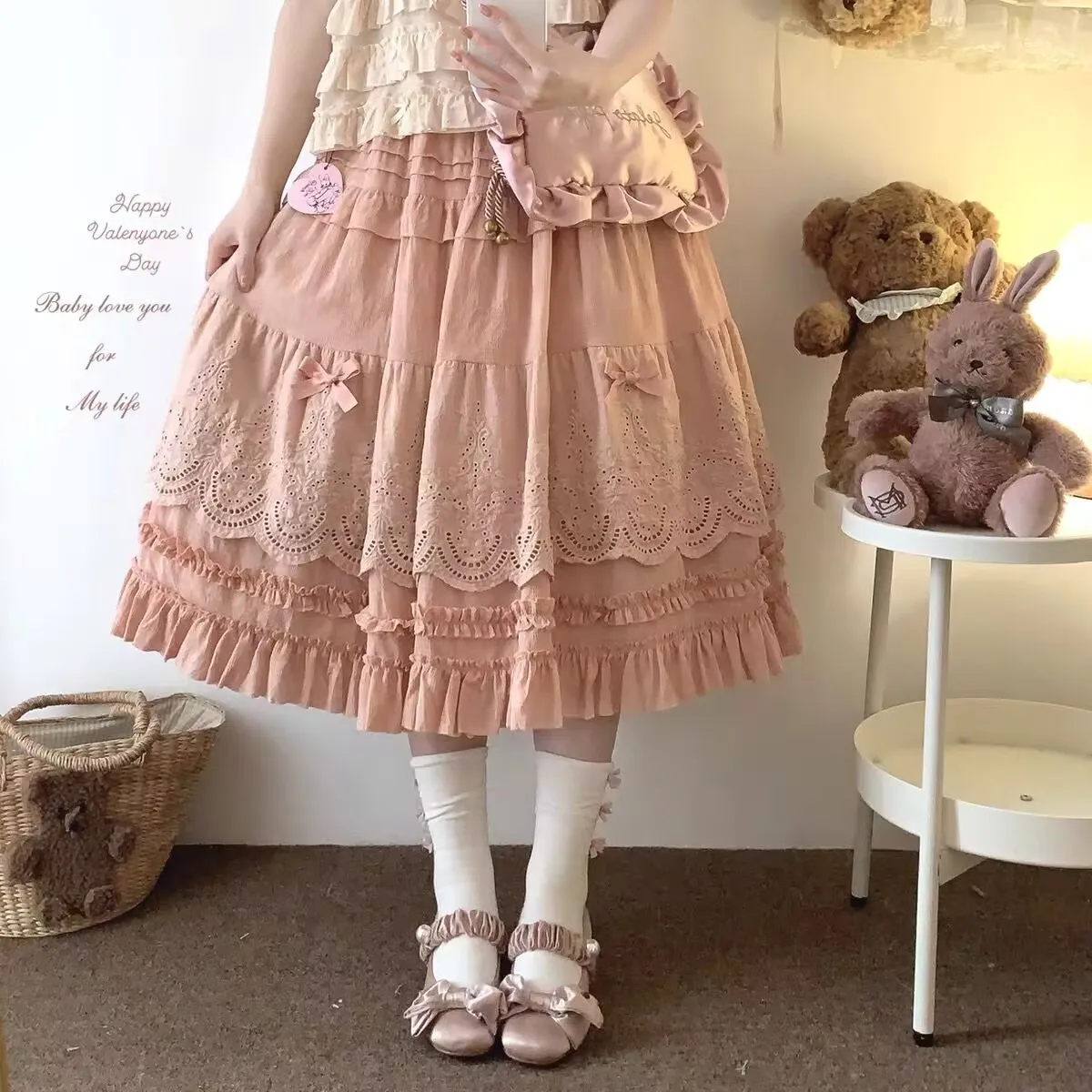 Lolita Midi Skirt Women Vintage Embroidery Lace Floral Bow Ruffles Long Skirts Kawaii Schoolgirl Prairie Chic Pink Y2k Skirt