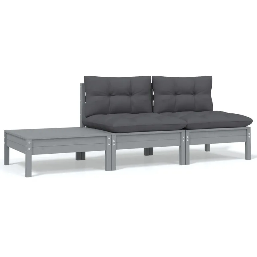 

3 Piece Patio Lounge Set with Cushions Gray Solid Pinewood