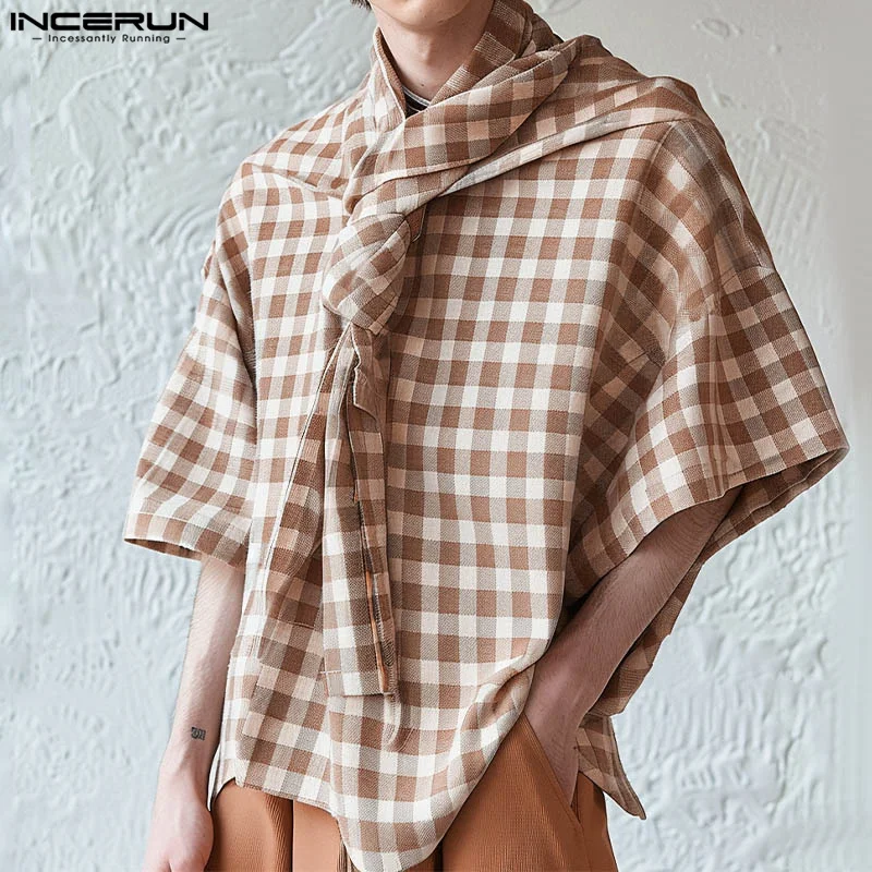 INCERUN Men T Shirt Plaid Lapel Short Sleeve Tie Up Casual Men Clothing Summer Streetwear 2024 Fashion Leisure Tee Tops S-5XL