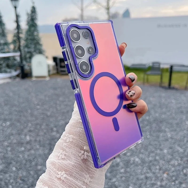 

Новый чехол MagSafe с металлическими линзами для Samsung Galaxy S24 Plus S25 Ultra S23 S21 FE A53 A54 A55, беспроводная зарядка, обесцвеченный чехол