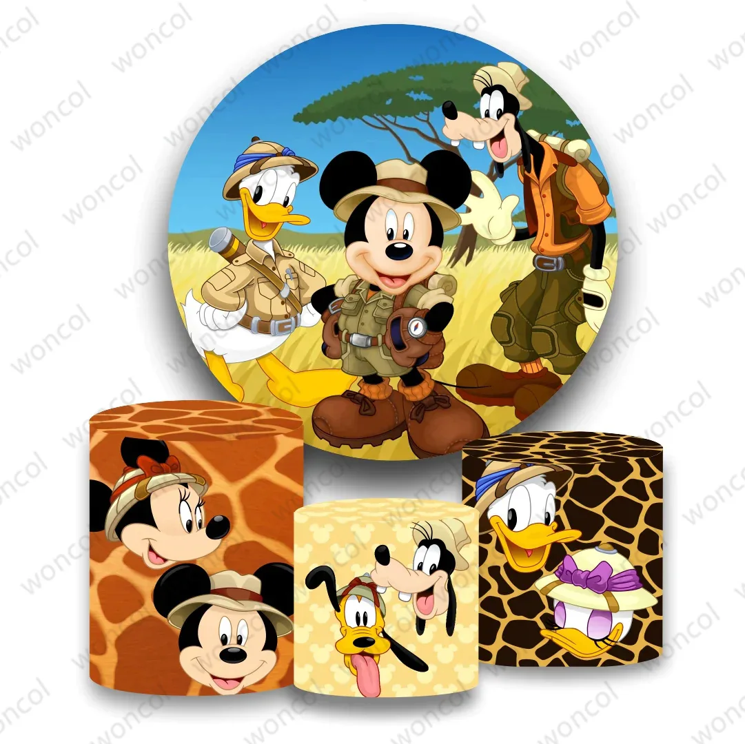 Fondo redondo de Mickey Mouse de Safari, telón de fondo de cumpleaños de Mickey Mouse y amigos, cubierta de cilindro Goofy Donald Duck Pluto Minnie Mouse