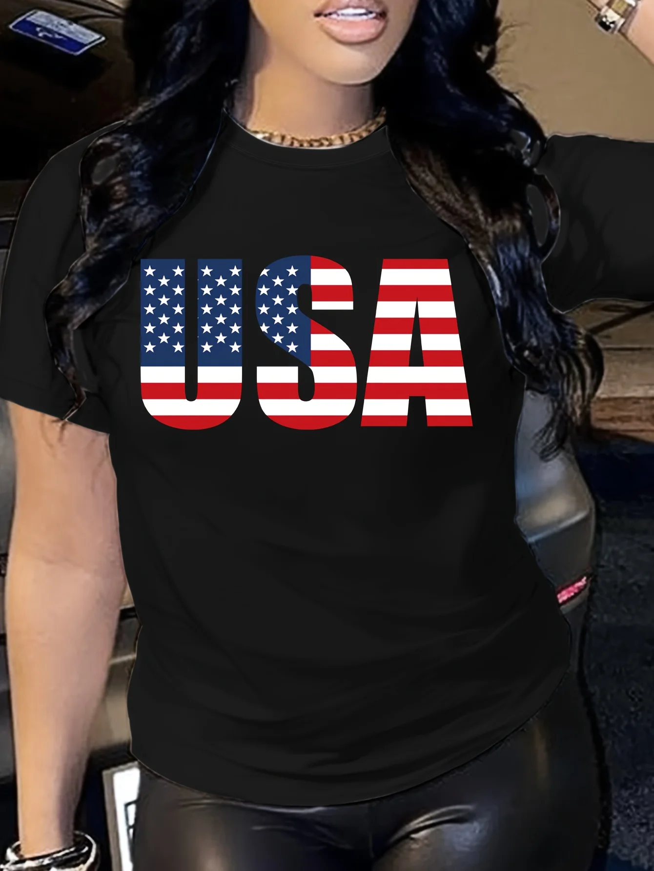 [パトリオティック T シャツ] パトリオティック USA フラッグ レディース グラフィック プリント T シャツ |   半袖クルーネックカジュアルトップス、ミディアムストレッチ