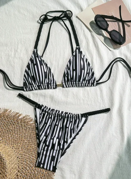 String Print Swimsuit with Ties 2025 Bikini Sexy Halter Swimwear Women Backless Bathing Suit Brazilian Bikini Thong Beachwear