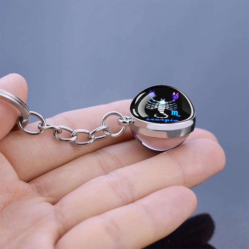 Glow In The Dark 12 Constellation Keychains Luminous Glass Ball Double Side Pendant Key Chains Birthday Gift Zodiac Sign Keyring