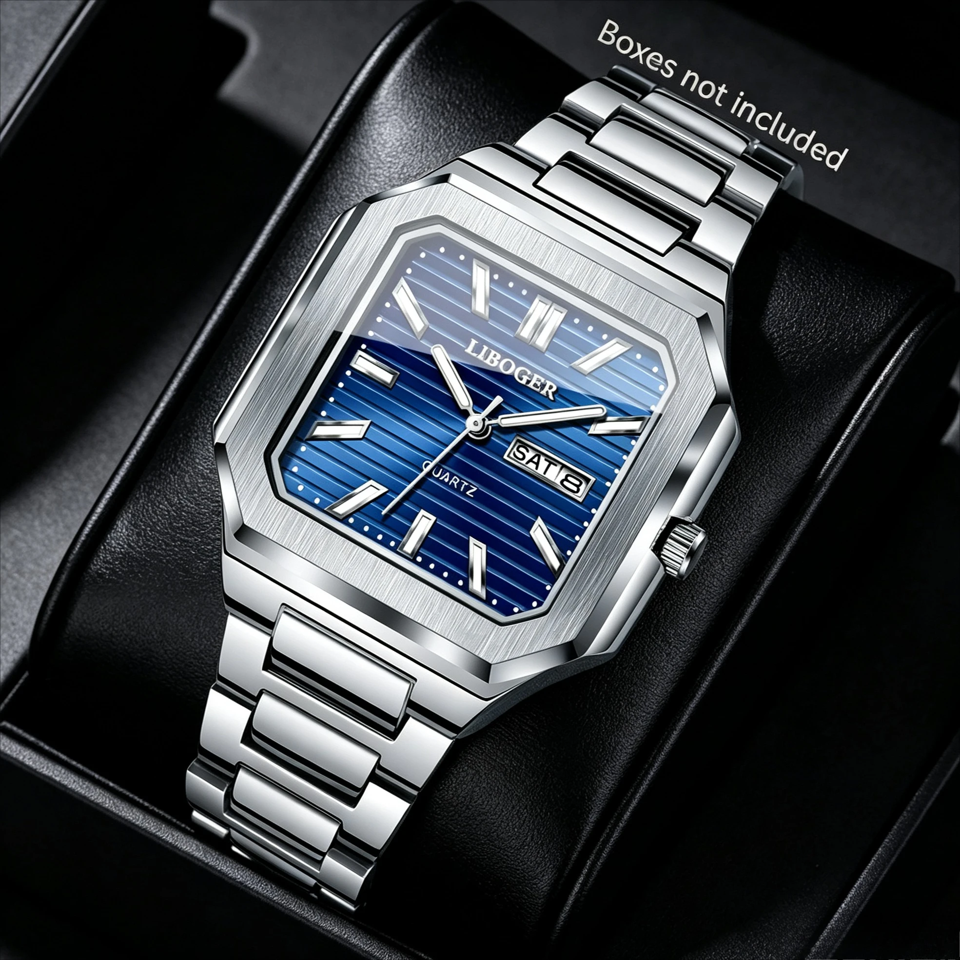 Fashion Square Blue Dial Men Calendar Quartz Watch Stainless Steel Strap Business Wristwatches Relogio Masculino（Without Box