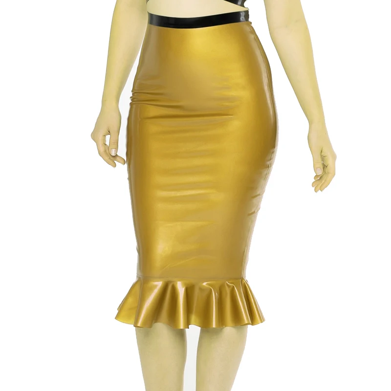 Metallic Golden And Black Trims Mini Sexy Latex Skirts With Ruffles French Maid Rubber Bottoms Knee Length DQ-0104