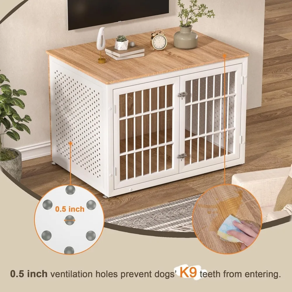 قفص كلب معدني كبير شديد التحمل للكلاب عالية القلق، أثاث قفص داخلي خشبي أبيض، غلاف مزخرف للحيوانات الأليفة #4