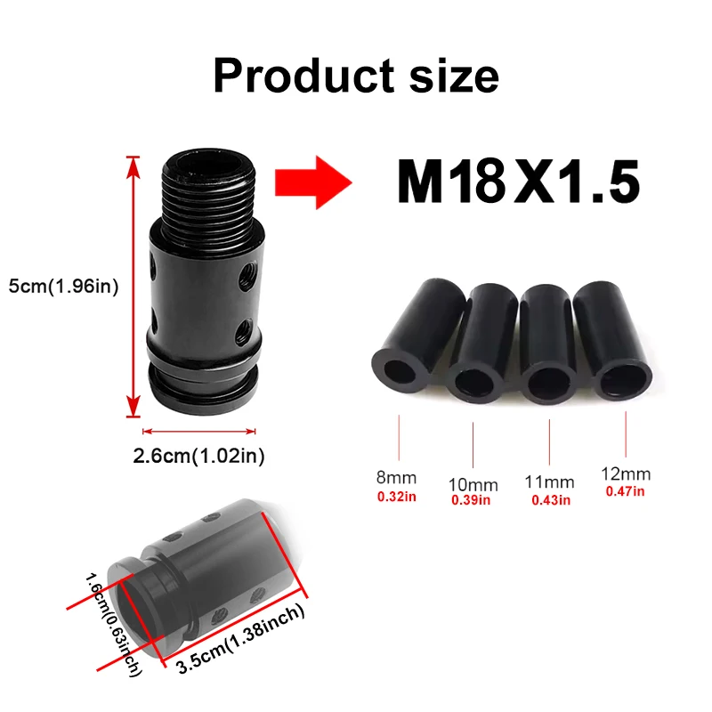 Auto-Getriebe-Schaltknauf-Adapter, schwarze Aluminiumlegierung für Schalthebel ohne Gewinde, M18 x 1,5, Adapter 8 mm, 10 mm, 11 mm, 12 mm – Detail 2