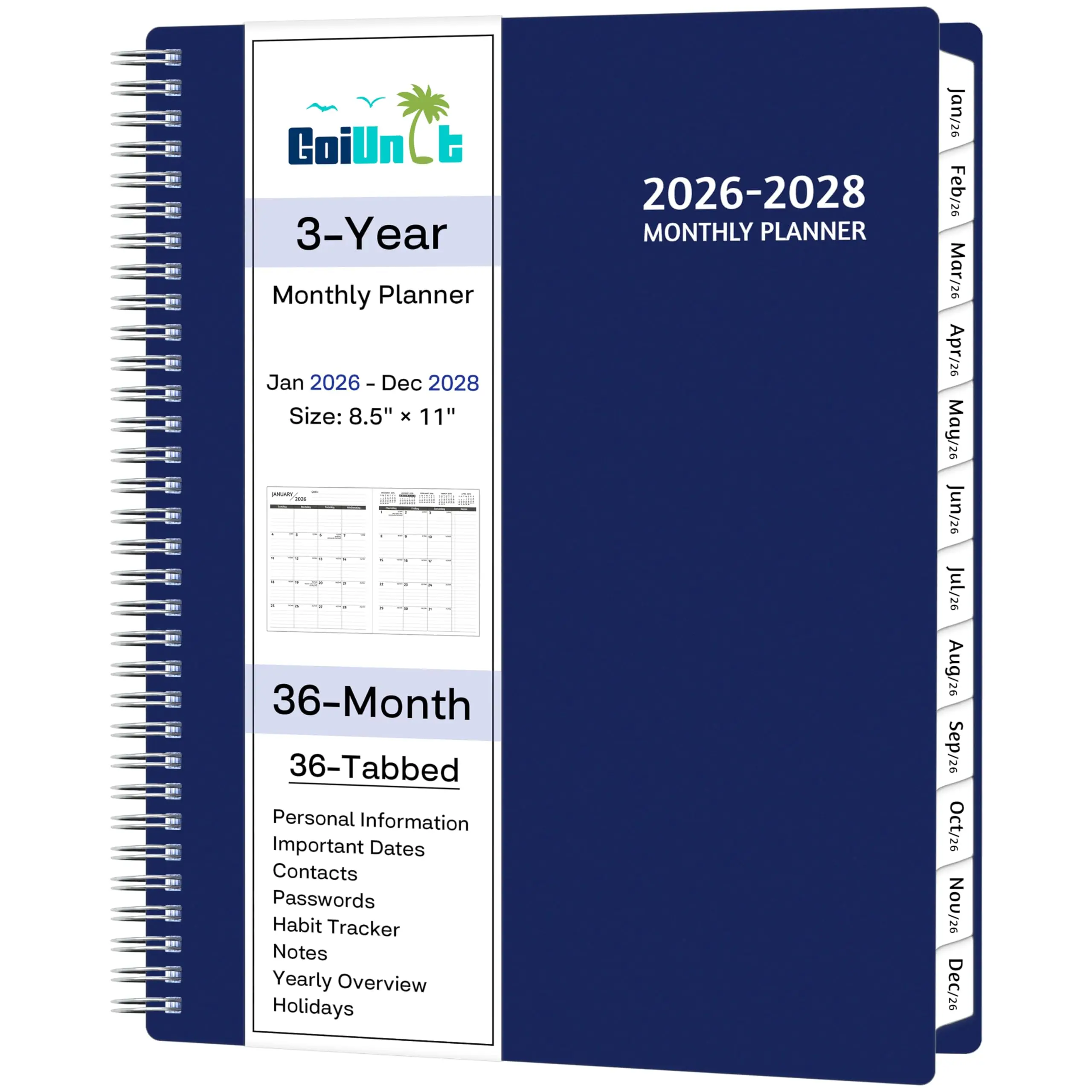 Jan 2026 – Dec 2028 Monthly Planner, 8.5"x11" Spiral with Habit Tracker, Pocket & Tabs for School & Home Planning