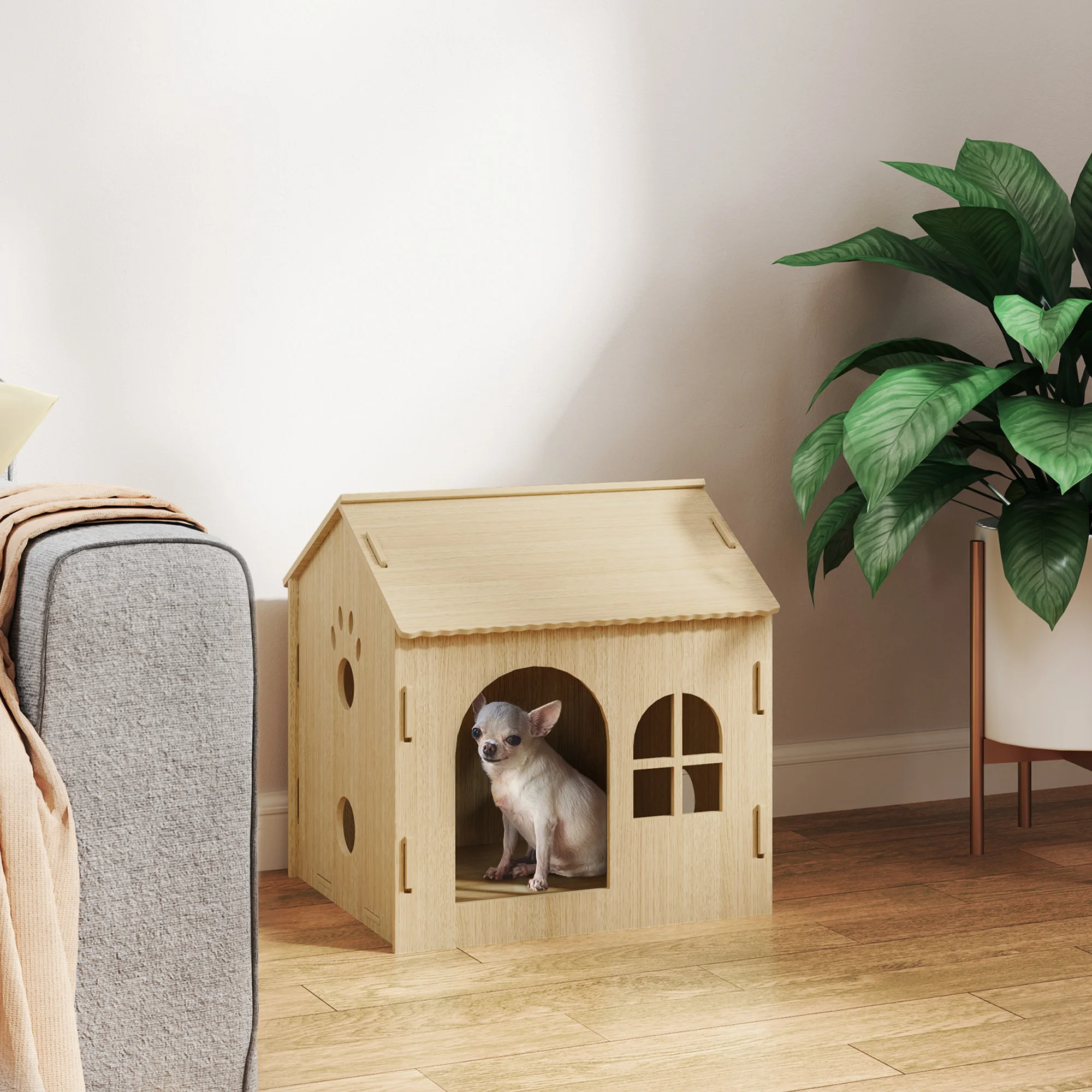 PawHut Caseta para Perros Interior con Ventana 49,5x41x51 cm Roble