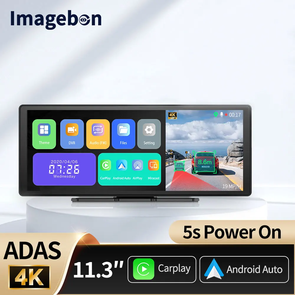 

Imagebon H60Pro11.3 "4K ADAS Видеорегистратор Беспроводная видеорегистратор CarPlay и Android Auto 3-канальная запись 24-часовой парковый монитор GPS-навигация CarDVR