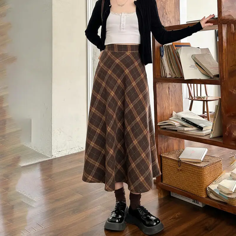 婦人服 ロングスカート ミディスカート 英国風 レトロ チェック柄 ハイウエスト 新しい Aラインスカート ファッション 快適