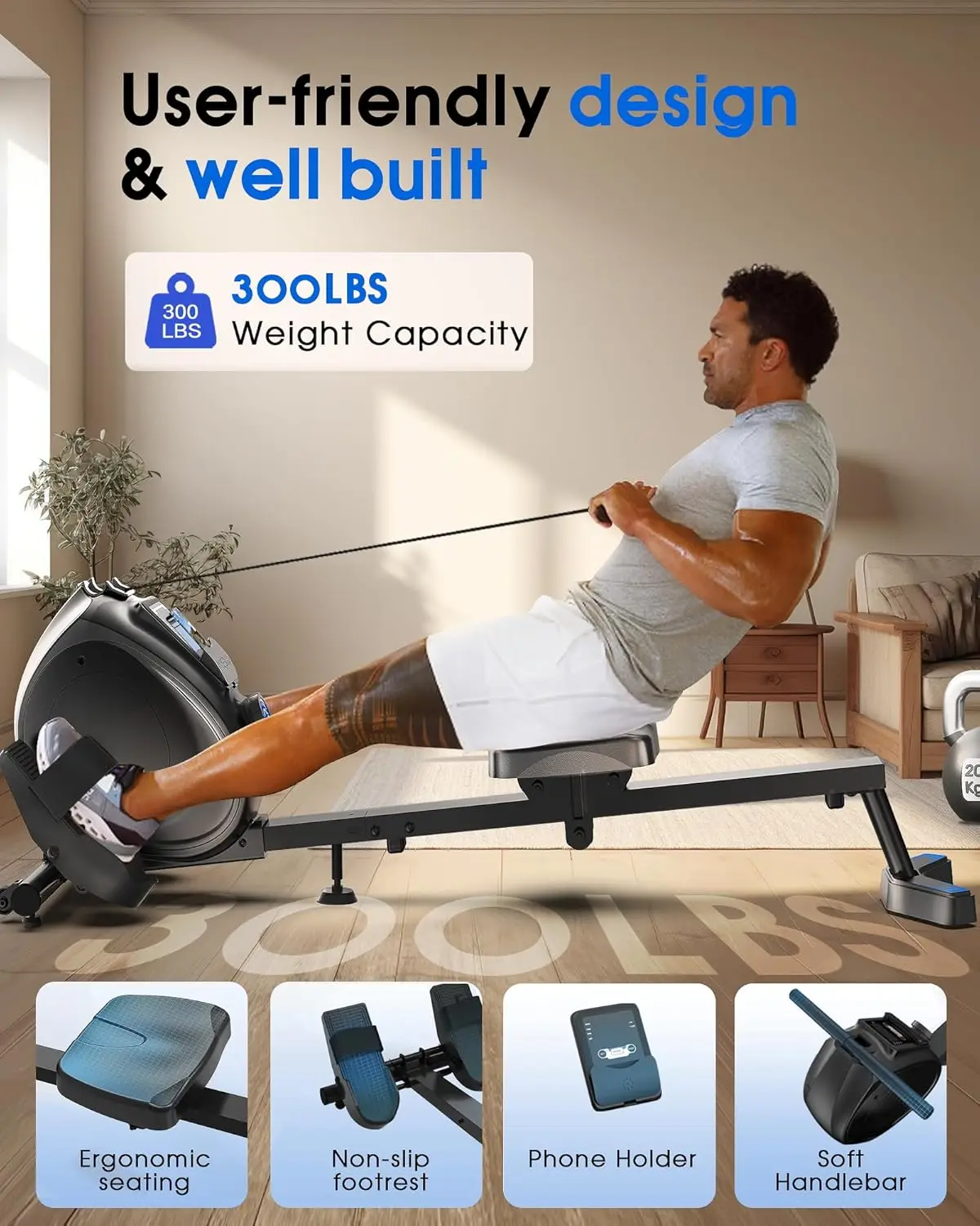 Rowing Machine, Magnetic Rowing Machine for Home, Low-Impact, Compact Upright Storage Rower for Small Space, Portable 34