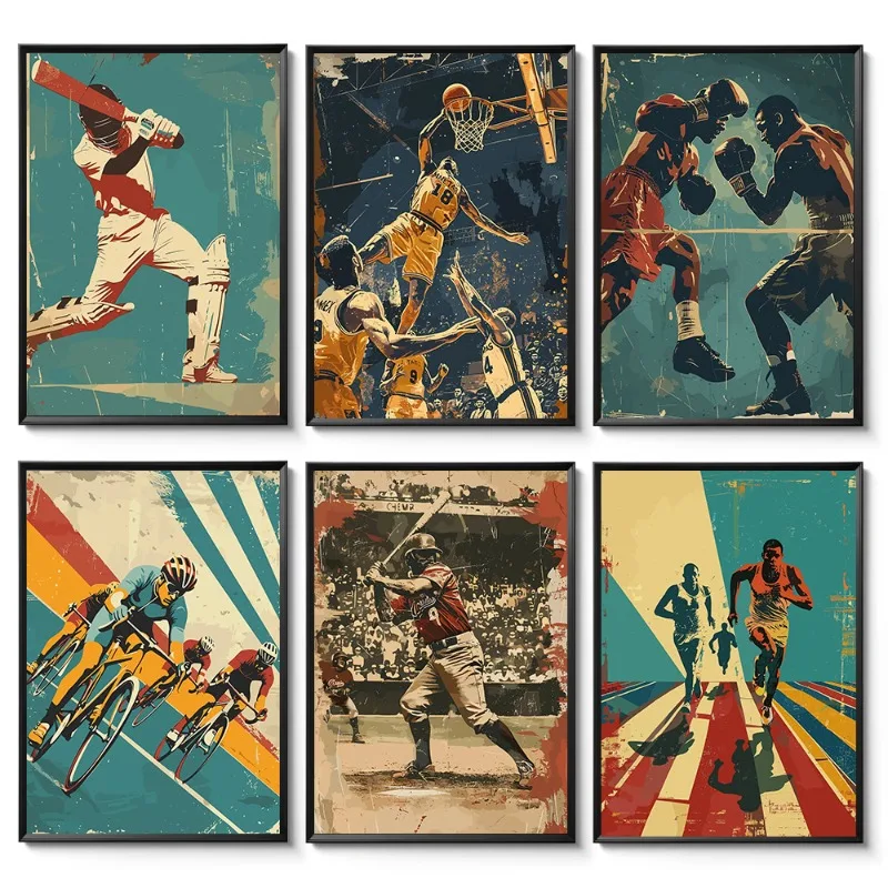 Vintage 80s Sports Canvas Art Print Retro Basketball Cycling Baseball Wall Decor for Man Cave Home Gym Living Room Sports Gif