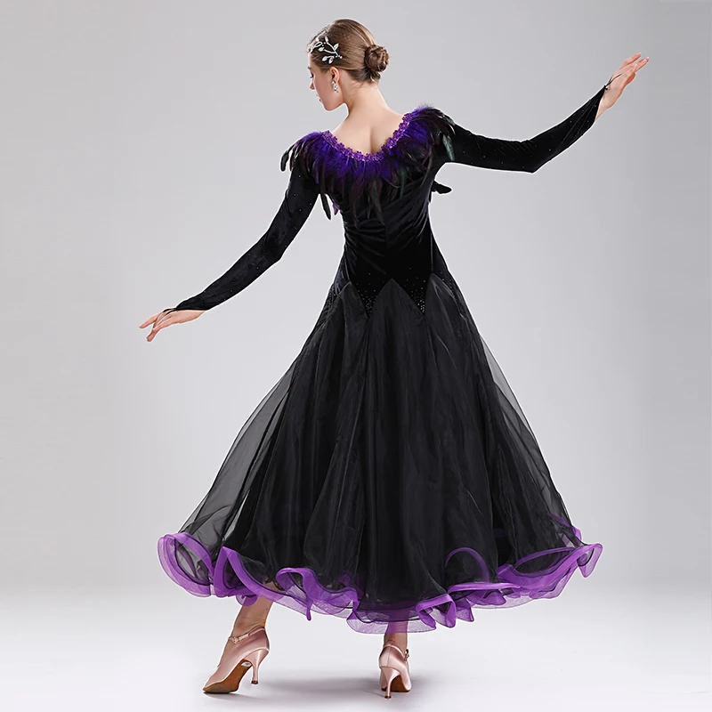 Customized Modern Dance Performance Costume Long Sleeved Feather Collar Big Swing Ballroom Dance Dress Adult Female