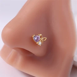 1Pcs 20G L Shaped Nose Studs Purple CZ Cute Butterfly Design Gold Silver Color Nose Piercing for Women Girl Cute Nostril Jewelry