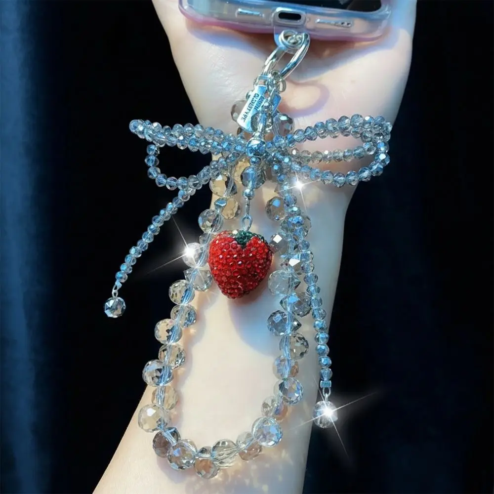 

Изысканная хрустальная цепочка для телефона с бусинами, стразами, подвеской в виде клубники и банта, шнурок-подвеска для телефона, аксессуар для сумки