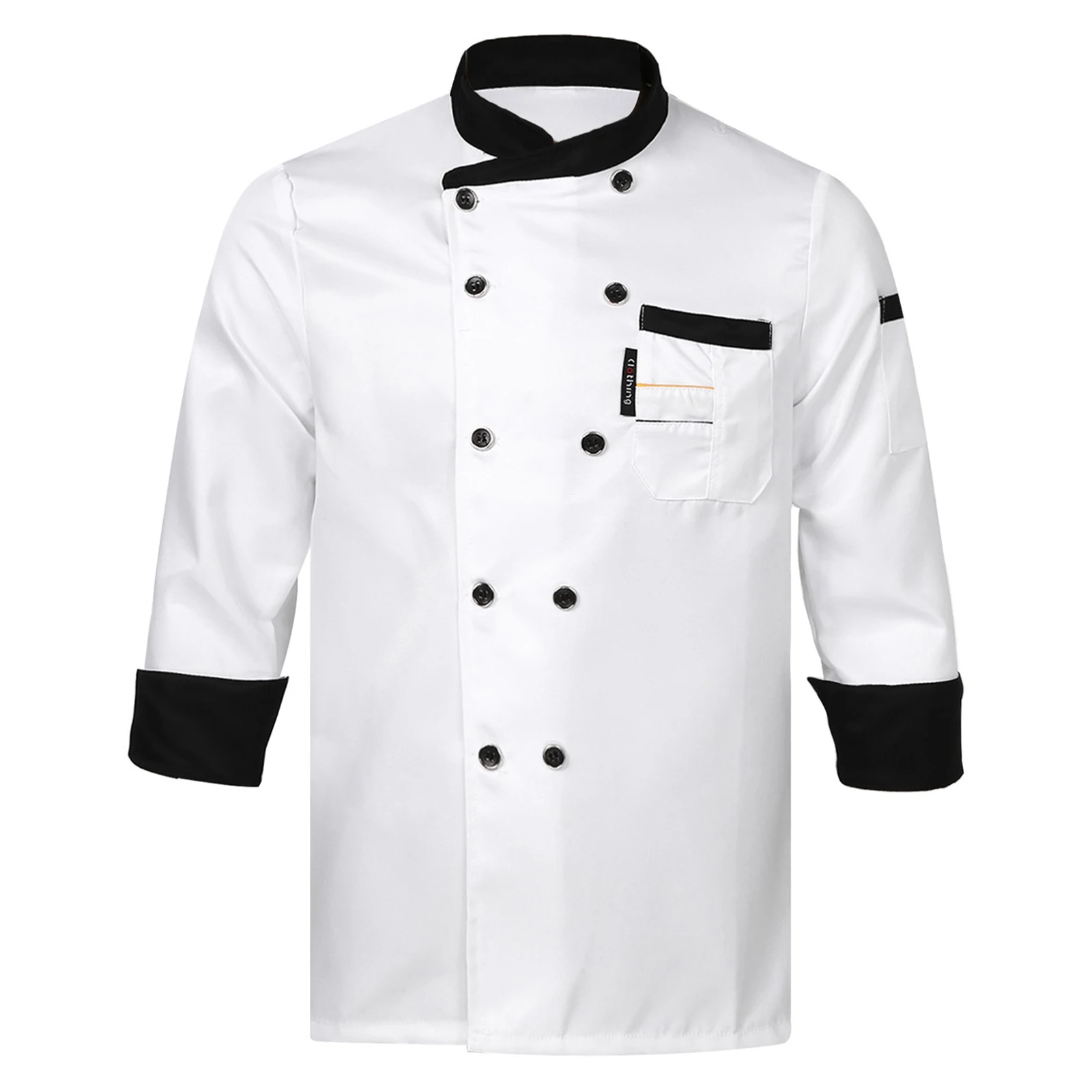 ผู้ชายผู้หญิงแขนยาว Chef Coat กระดุมคอเสื้อ Cook Jacket ครัวกระเป๋าชุด Cafe เบเกอรี่โรงอาหารร้านอาหารโรงแรมเสื้อผ้า