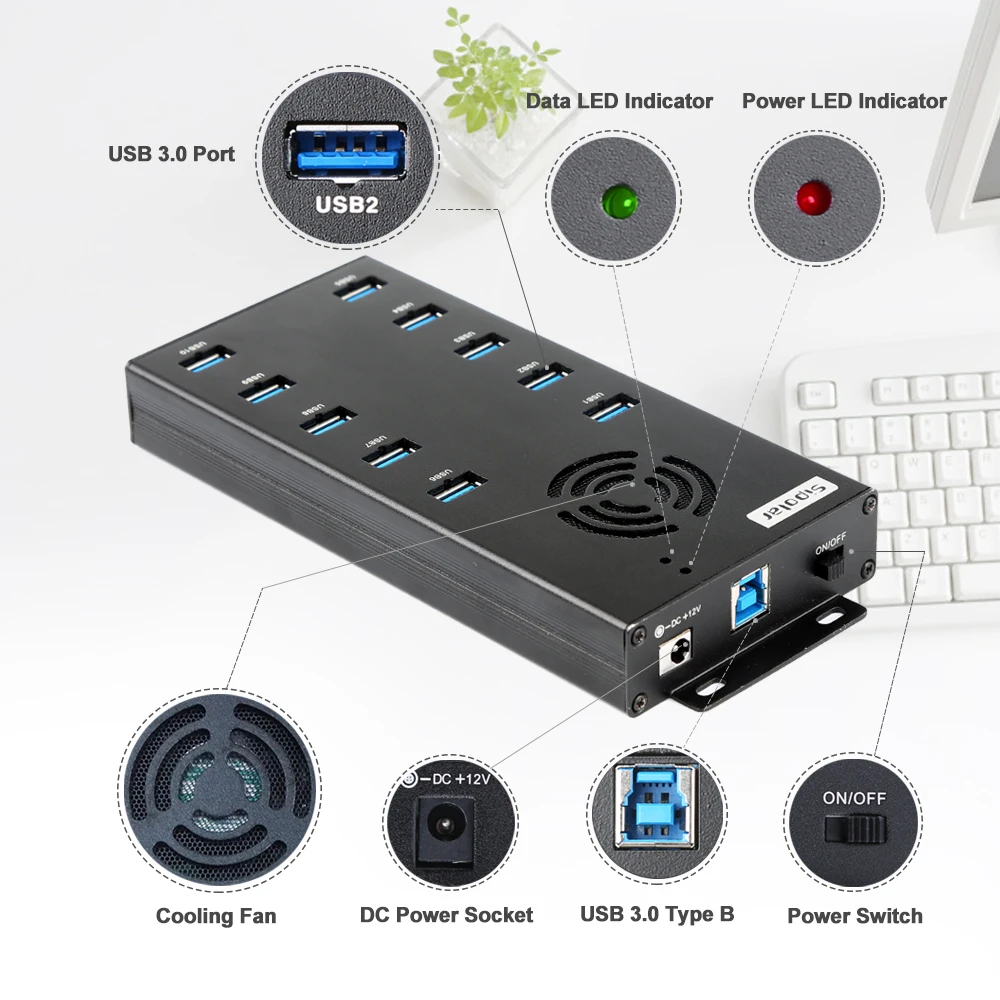 Sipolar A423 Stock Industrial USB 3.0 Hub 10 Ports 5Gbps 120W Metal Power Adapter Cooling Fan for VR Tablet