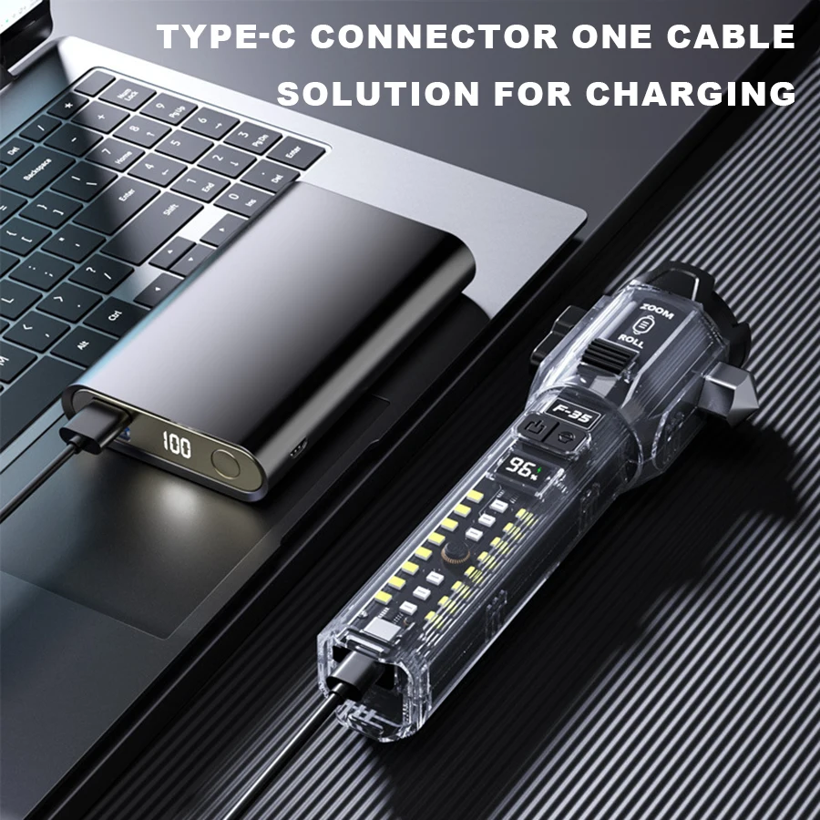 Multifunctional White Laser Safety Hammer Flashlight Roller Zoom Tactical Flashlight Outdoor Exploration Dual Light Source Torch