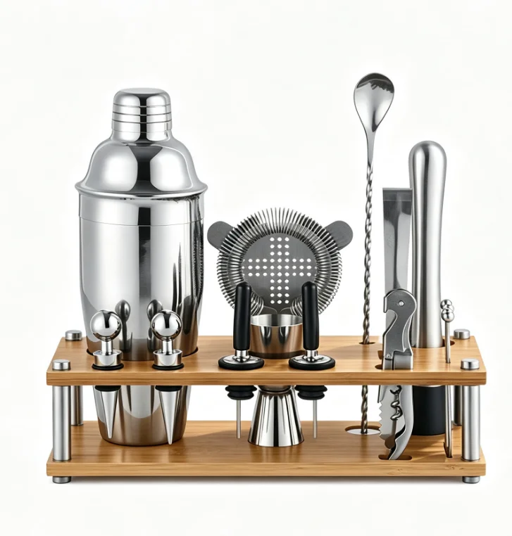 Stainless Steel Cocktail Shaker Bar Tool Set, Drink Mixing Kit with Jigger, Strainer, Muddler, Spoon, Ice Tong, Wine Opener