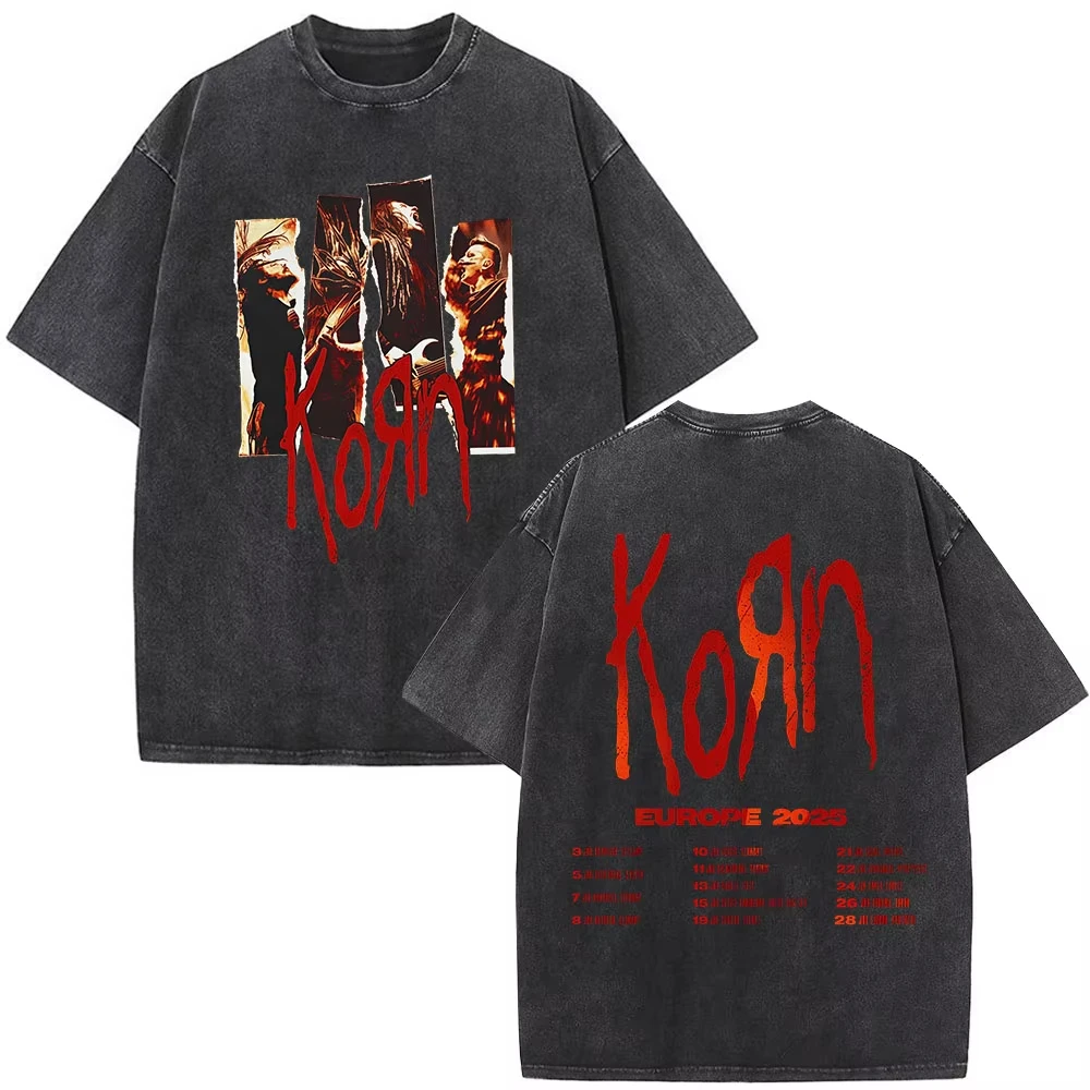 Hot Korn Tour 2026 Merch Vintage Washed T-Shirt Fan-Geschenke Metal Gothic Rock Band T-Shirts Herren Lässiges Oversize Kurzarm-Oberteil